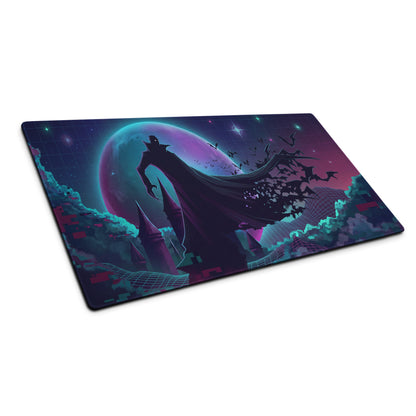 Navy blue and purple vaporwave galaxy neon mouse pad with a cloaked figure silhouette on a glowing planet backdrop