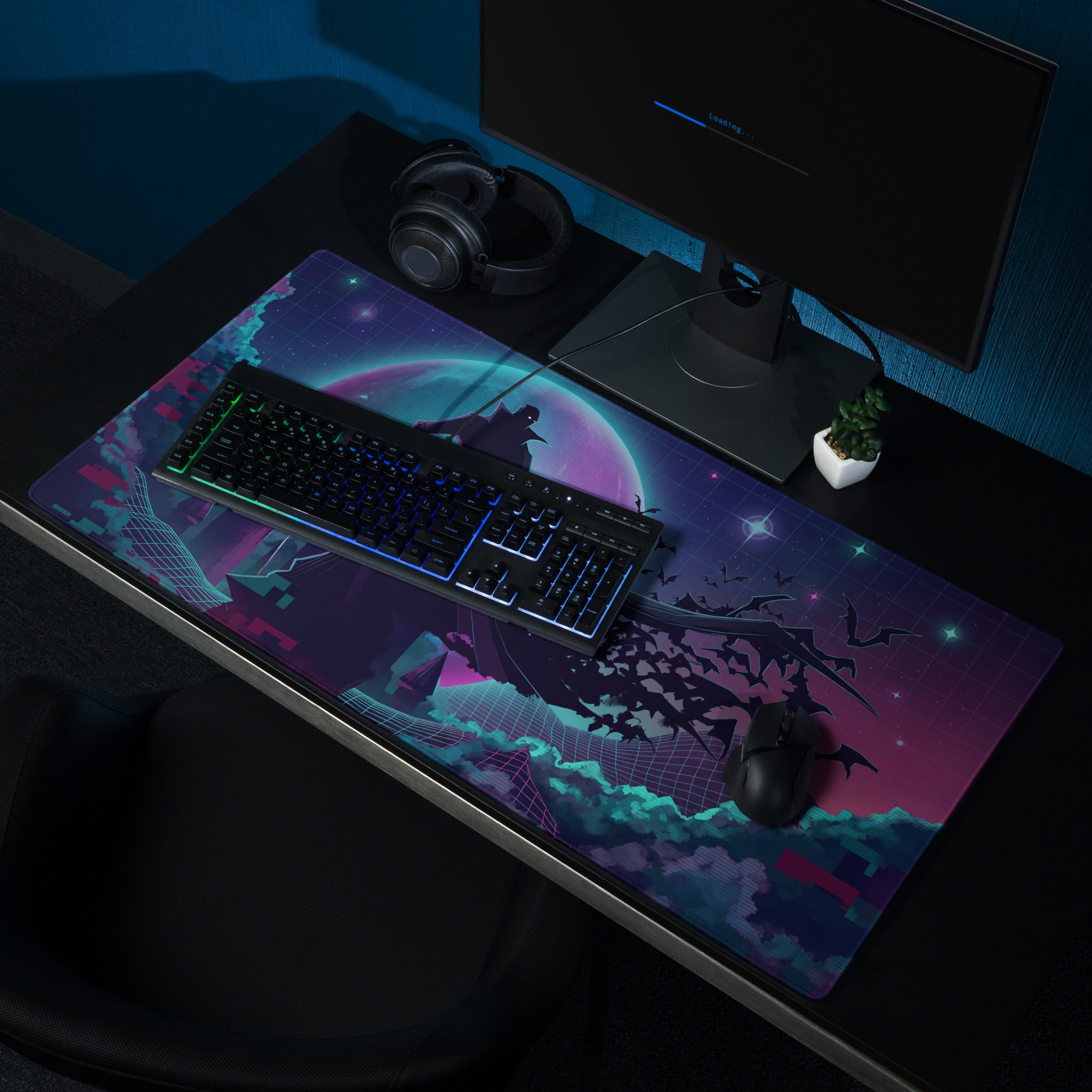 Vaporwave galaxy neon mouse pad with cosmic purple teal design silhouettes bats over planet glowing grid lines for gaming