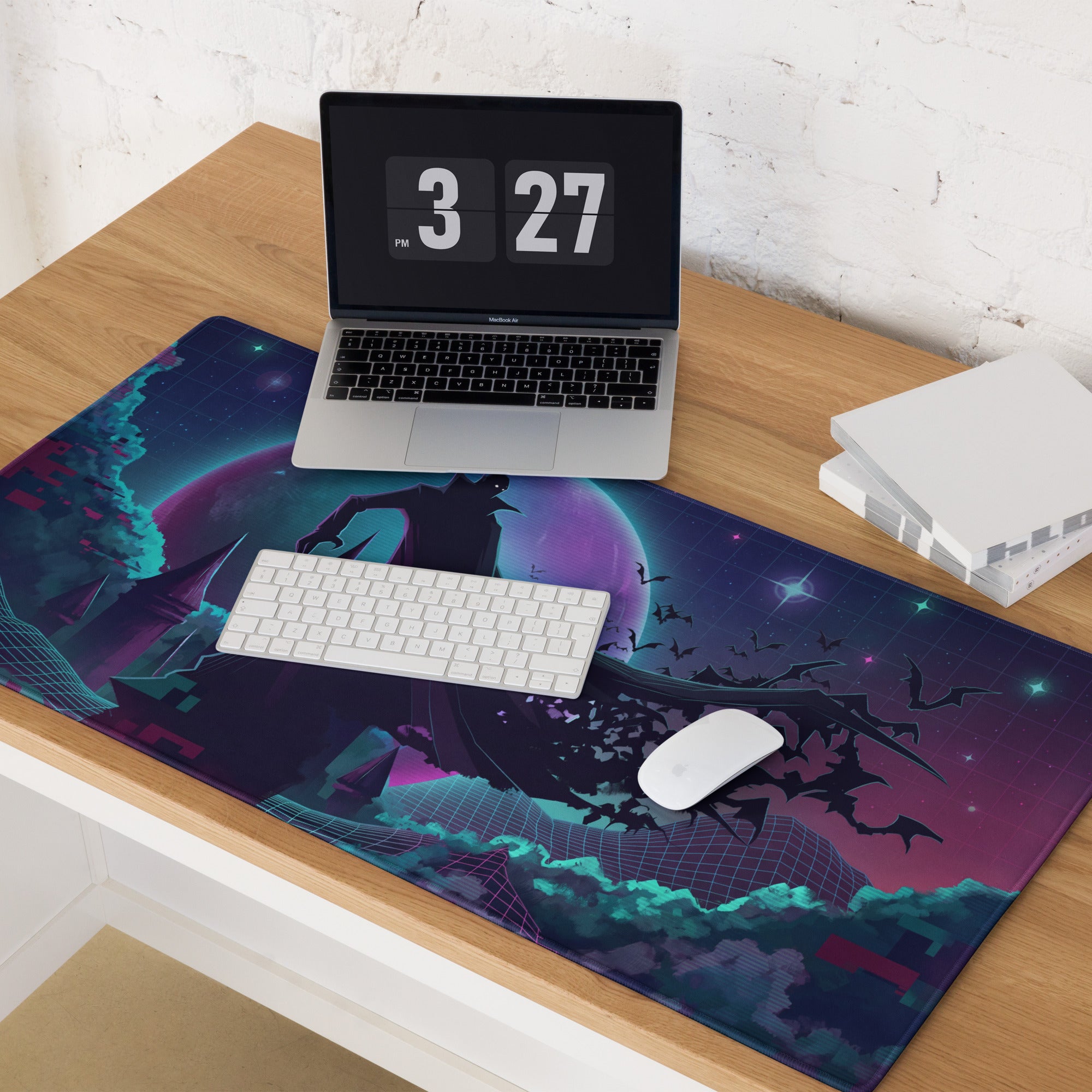 Vaporwave galaxy neon mouse pad with cosmic purple teal nebula, glowing stars, bats, and grid lines for gaming mood