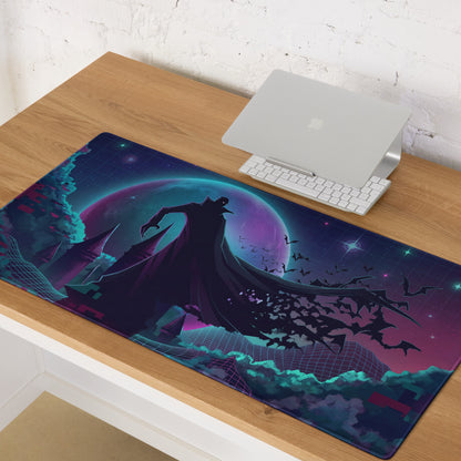 Vibrant vaporwave galaxy neon gaming mouse pad with purple teal nebula and batman silhouette for esports decor