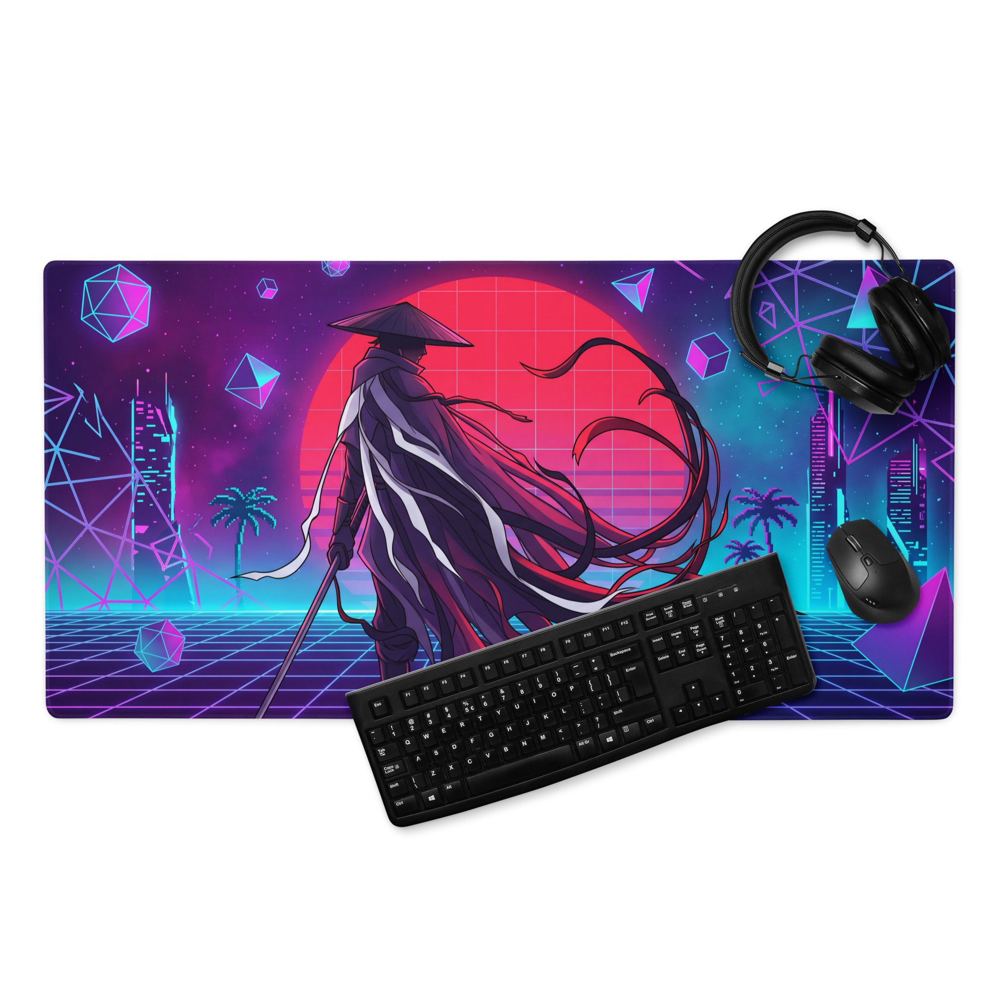 Vaporwave neon samurai mouse pad featuring a neon pink blue cyberpunk samurai silhouette on a glowing red sun cityscape