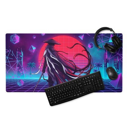 Vaporwave neon samurai mouse pad featuring a neon pink blue cyberpunk samurai silhouette on a glowing red sun cityscape