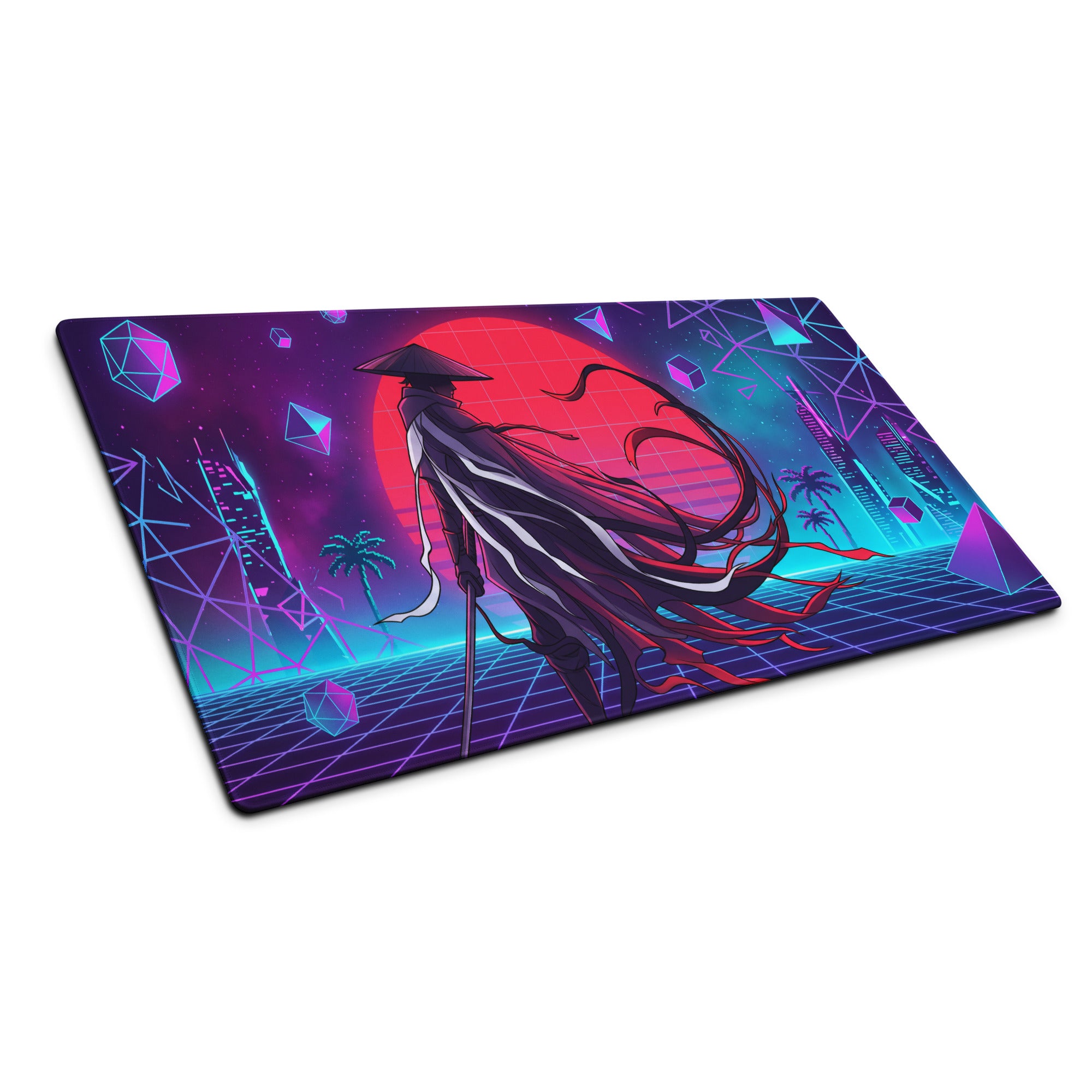 Vaporwave neon samurai mouse pad with vibrant neon purple and cyan cyberpunk design and stylized conical hat figure