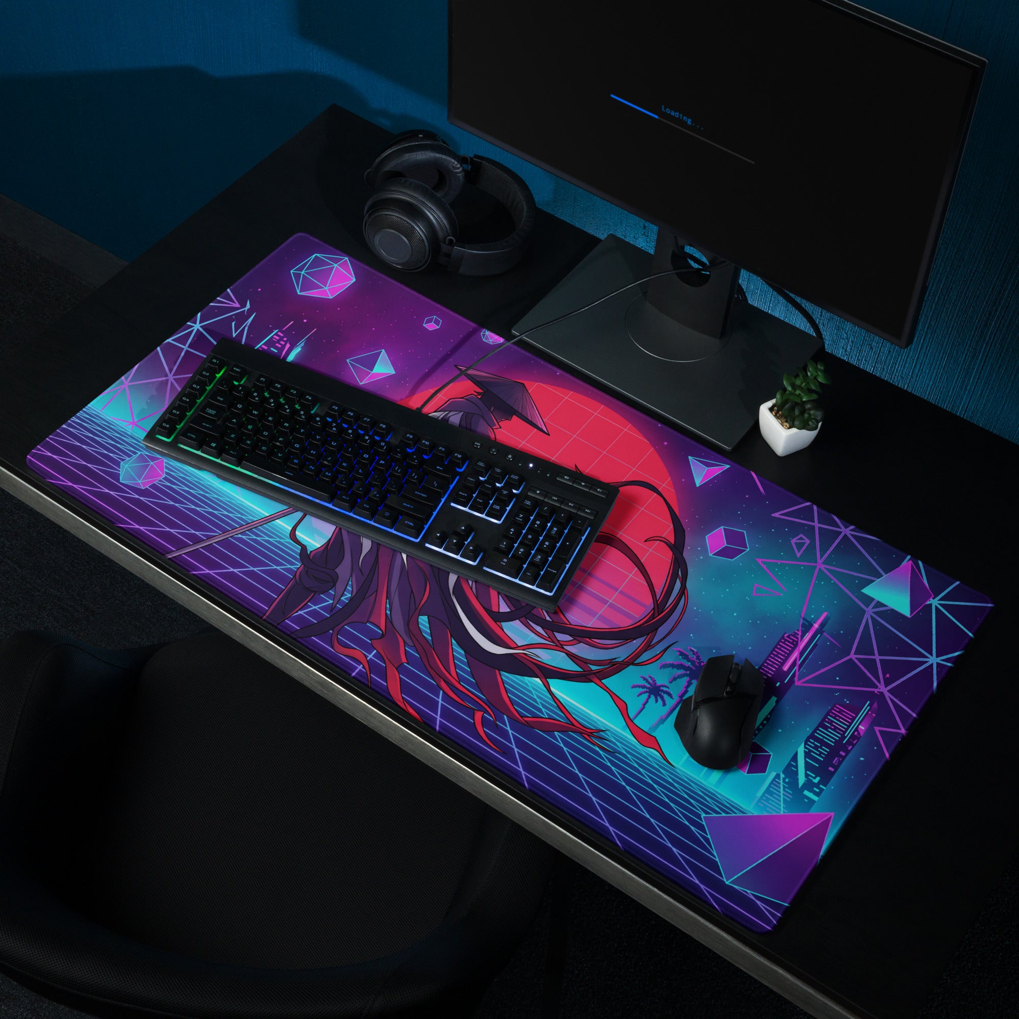 Vaporwave neon samurai mouse pad featuring vibrant neon purple and pink cyberpunk anime art with red hair and cityscape