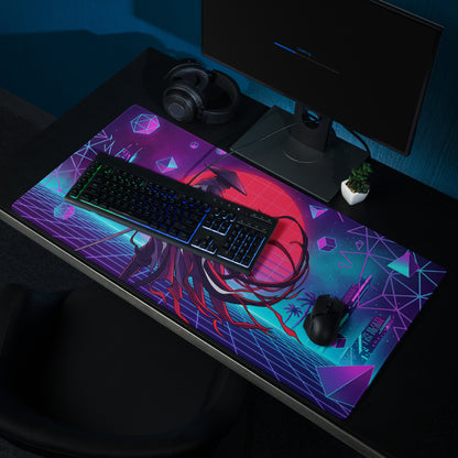 Vaporwave neon samurai mouse pad featuring vibrant neon purple and pink cyberpunk anime art with red hair and cityscape