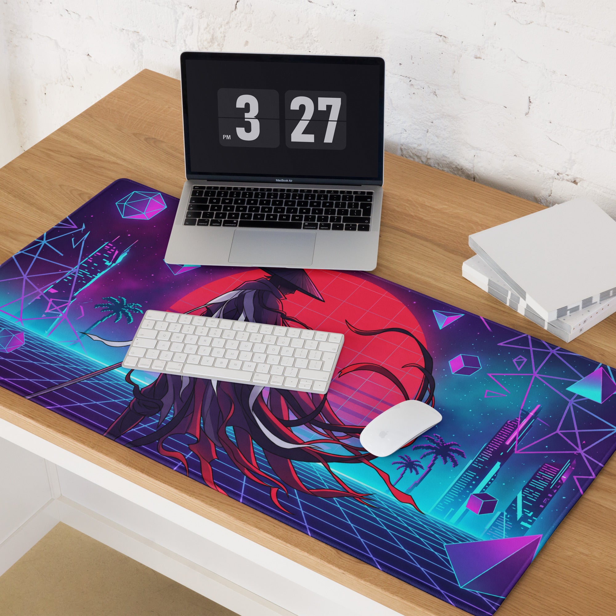 Vibrant neon purple and blue cyberpunk gaming mousepad with stylized anime samurai and futuristic cityscape design