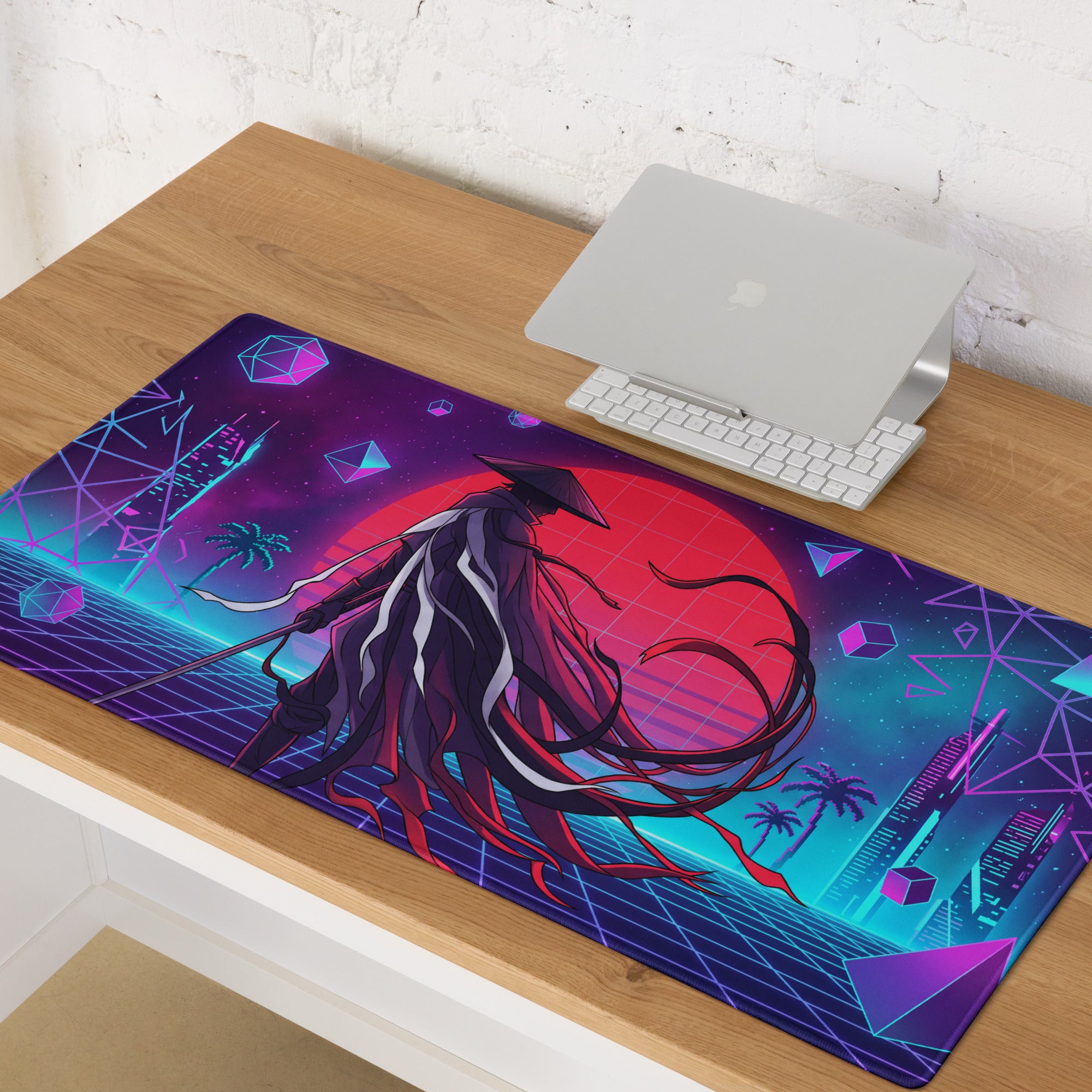 Vaporwave neon samurai mouse pad with vibrant neon purple and cyan colors featuring anime art and cyberpunk design