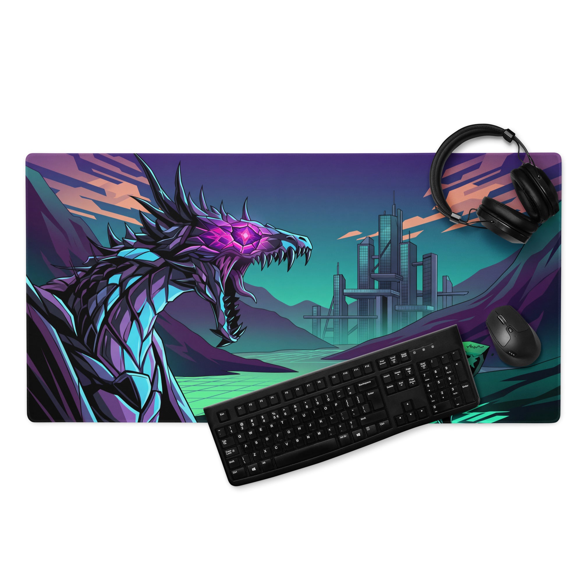 Neon dragon vaporwave mouse pad with a vibrant purple and teal dragon and futuristic cityscape for gaming desk use