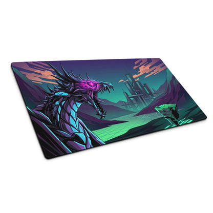 Neon dragon vaporwave purple and teal gaming mousepad with dragon design and futuristic cityscape digital art surface