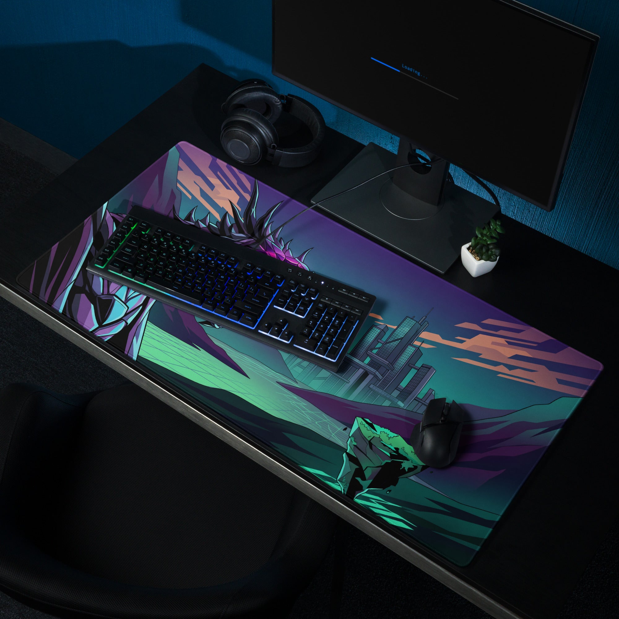 Neon dragon vaporwave mouse pad with vibrant purple and teal futuristic cityscape design for gaming desk use