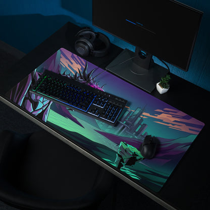 Neon dragon vaporwave mouse pad with vibrant purple and teal futuristic cityscape design for gaming desk use