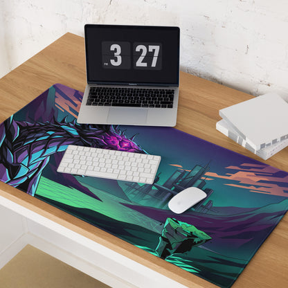 Vibrant purple and teal dragon-themed neon vaporwave mouse pad with futuristic cityscape design for gaming desks