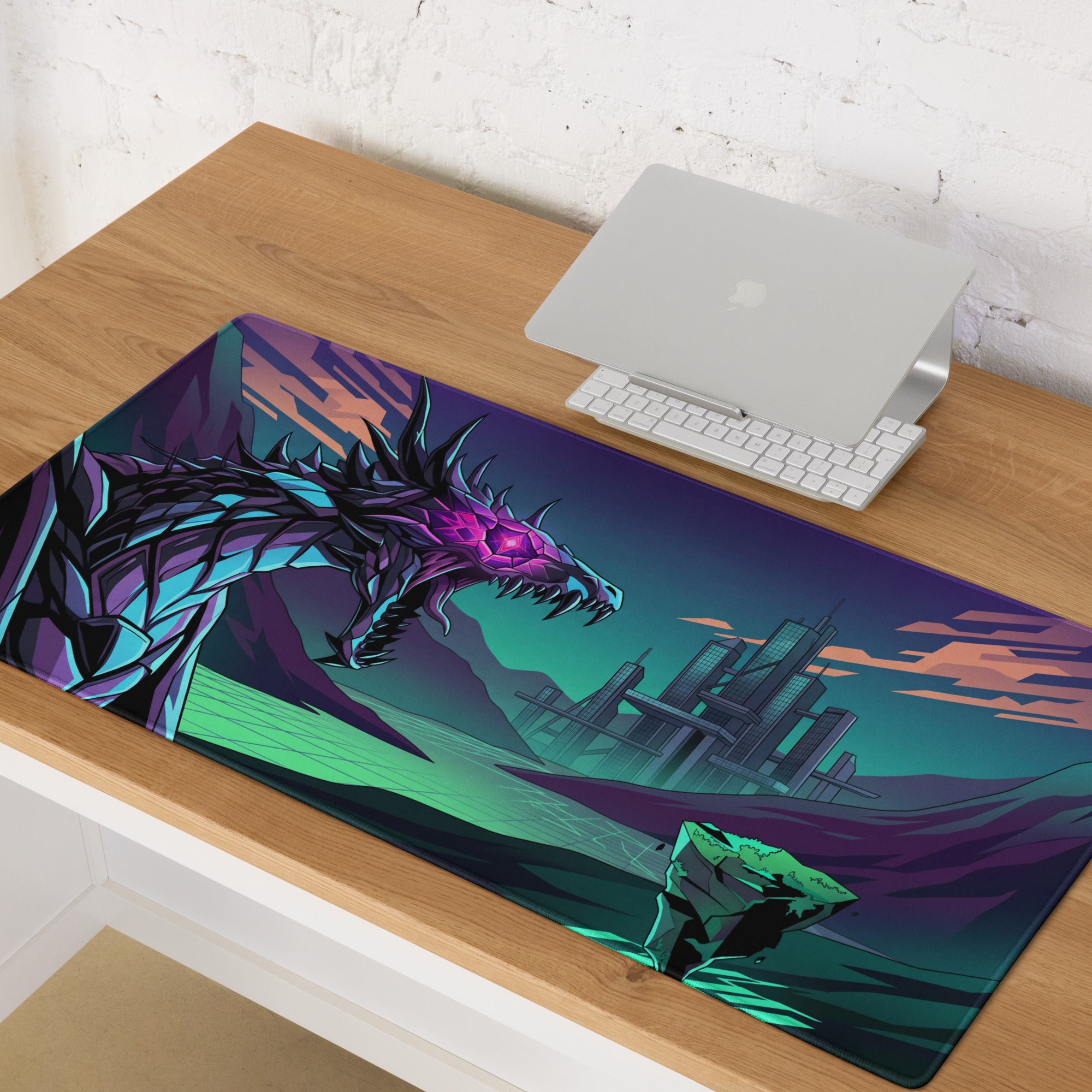 Neon dragon vaporwave mouse pad with vibrant purple teal dragon design and futuristic cityscape for gaming desk use