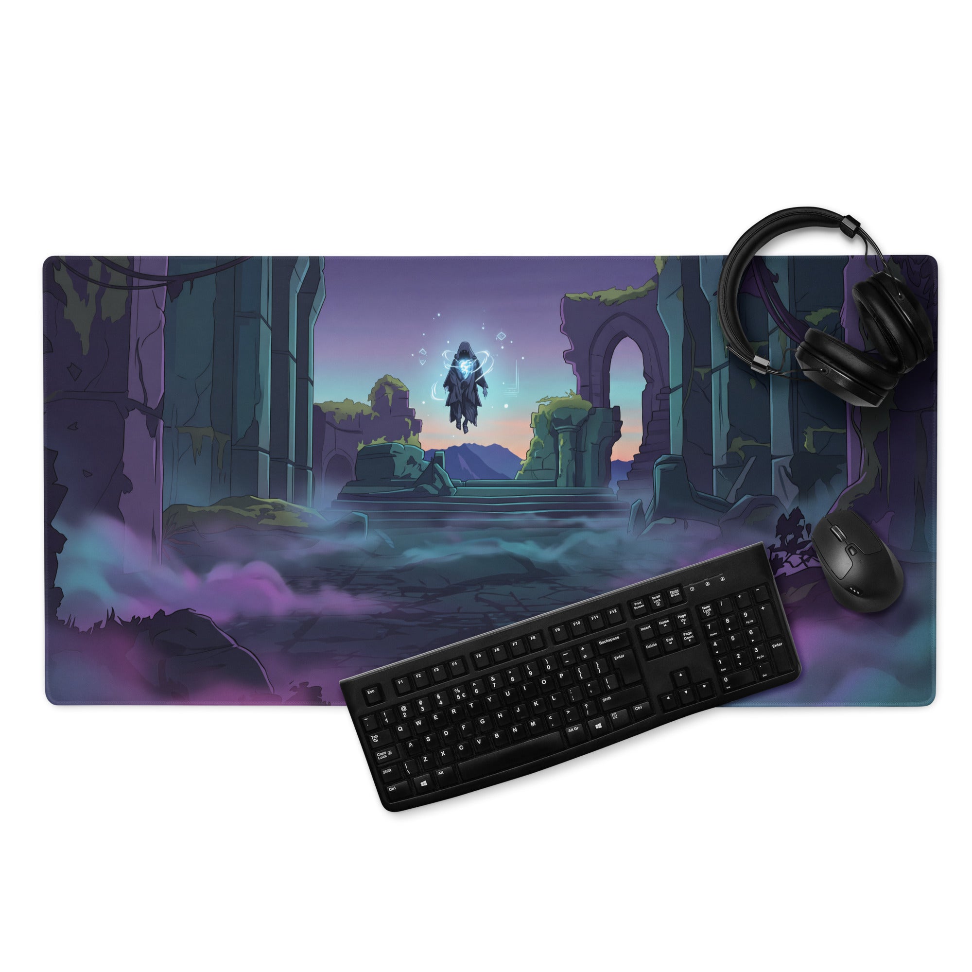 Purple and teal vaporwave gaming mousepad with hooded figure in ancient ruins for desk setup non-slip digital art