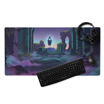 Purple and teal vaporwave gaming mousepad with hooded figure in ancient ruins for desk setup non-slip digital art
