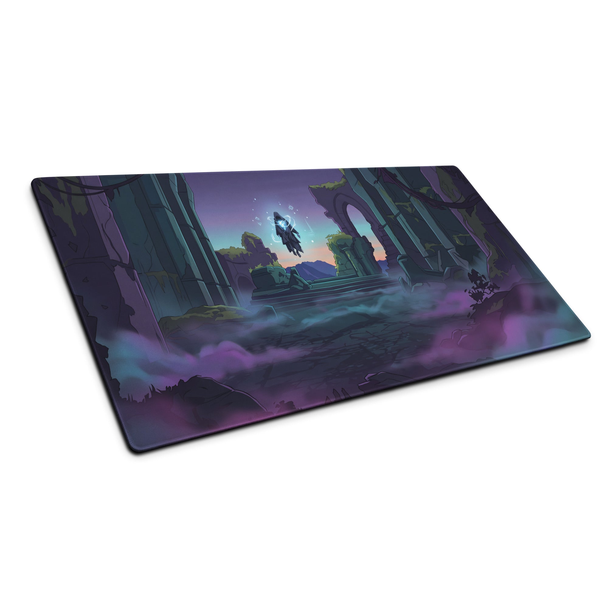 Rectangular neon ruins vaporwave mouse pad with vibrant purple pink blue fantasy ruins under a twilight sky