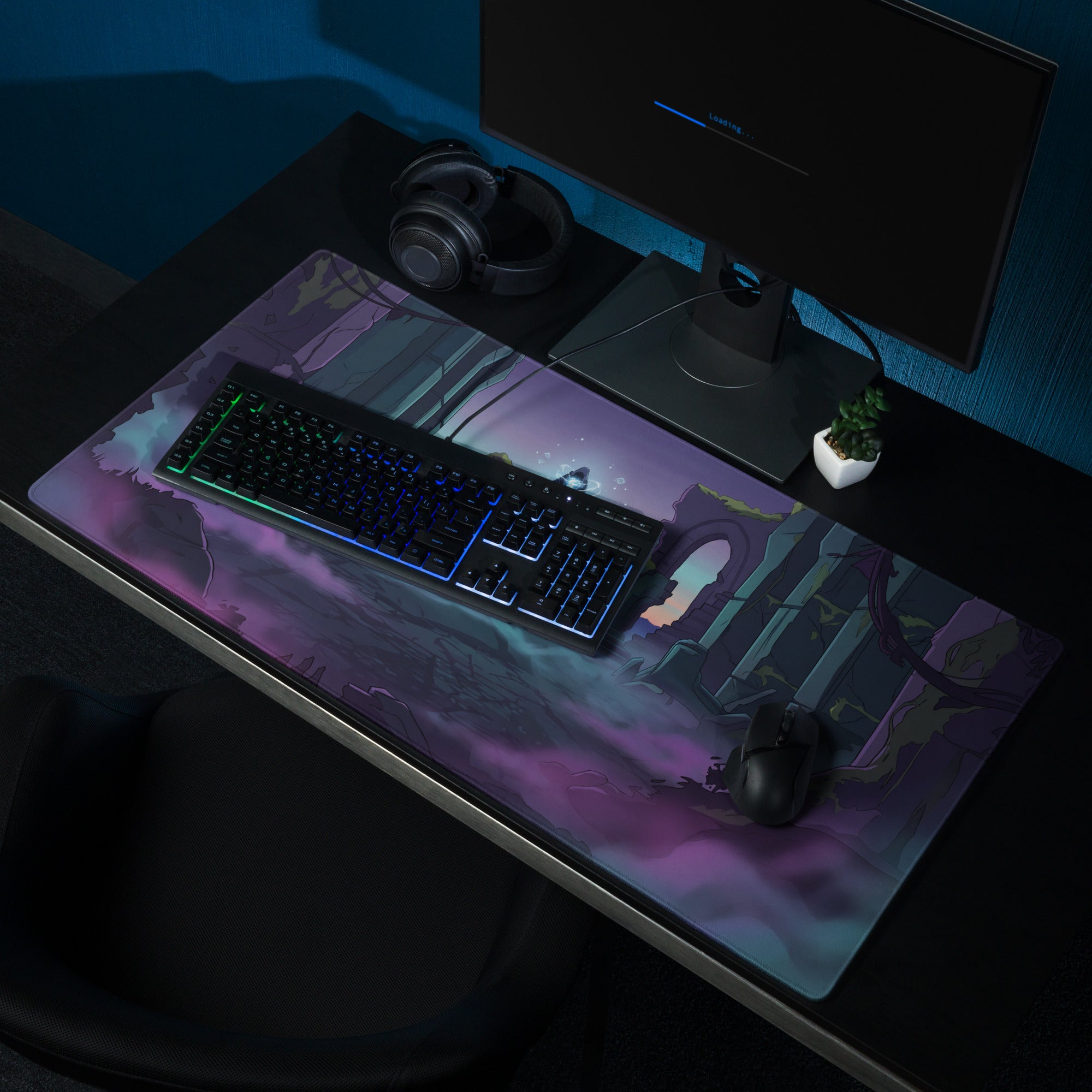 Neon ruins vaporwave mouse pad with a purple and blue fantasy illustration of ruins under a twilight sky