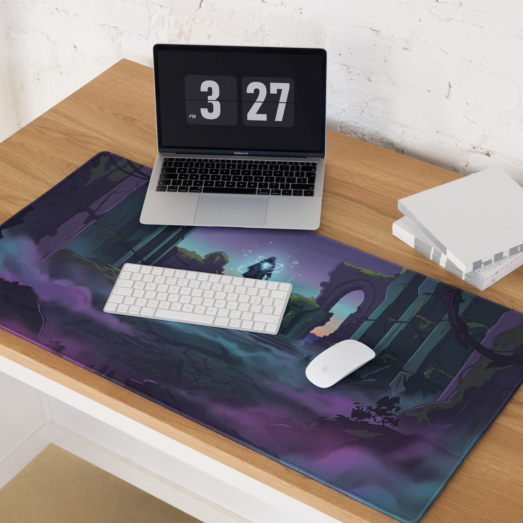 Neon ruins vaporwave large non-slip gaming mouse pad with purple teal hooded figure in ancient ruins under glowing sky