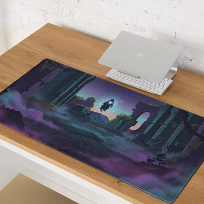 Neon ruins vaporwave gaming mouse pad featuring dark purple and teal fantasy ruins under a twilight sky design