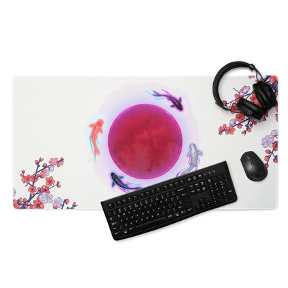 White gaming mousepad featuring a vibrant pink circular design with koi fish and cherry blossom branches in soft neon colors