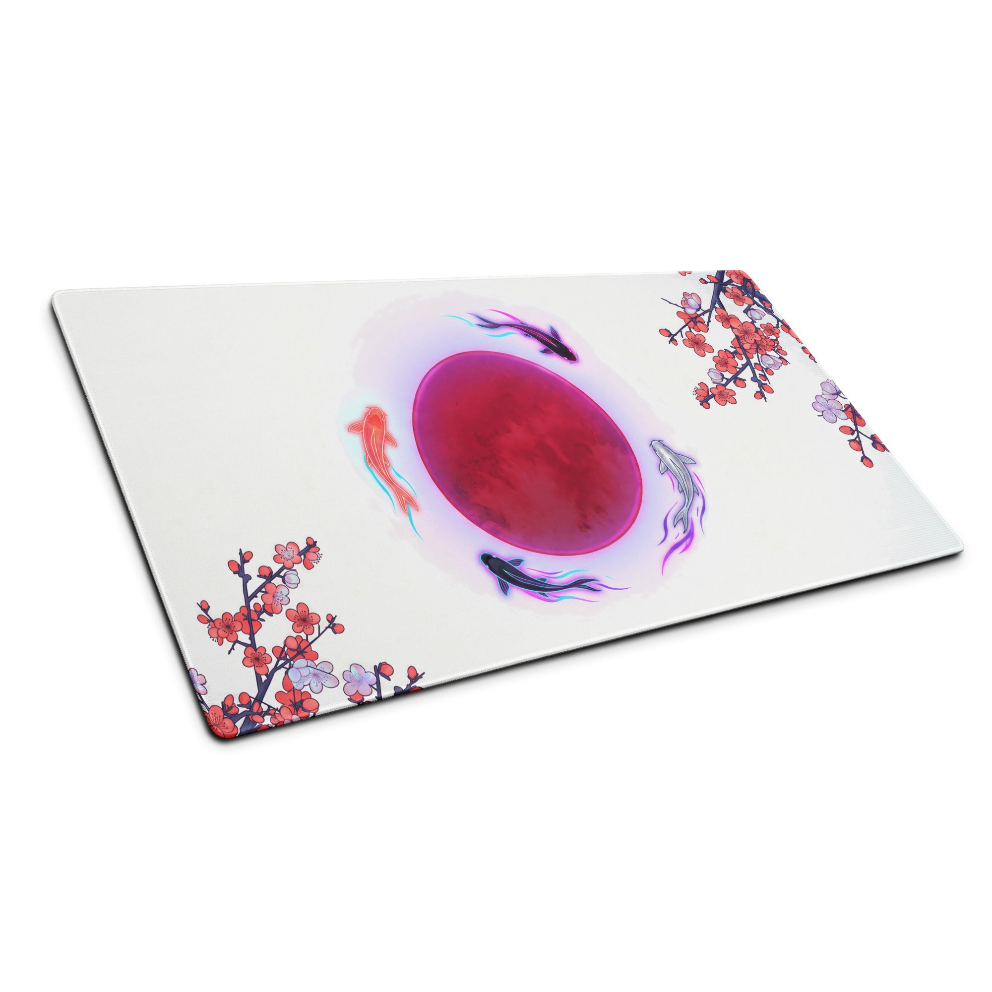 White rectangular cutting board with vibrant red circular design surrounded by stylized fish and cherry blossom branches