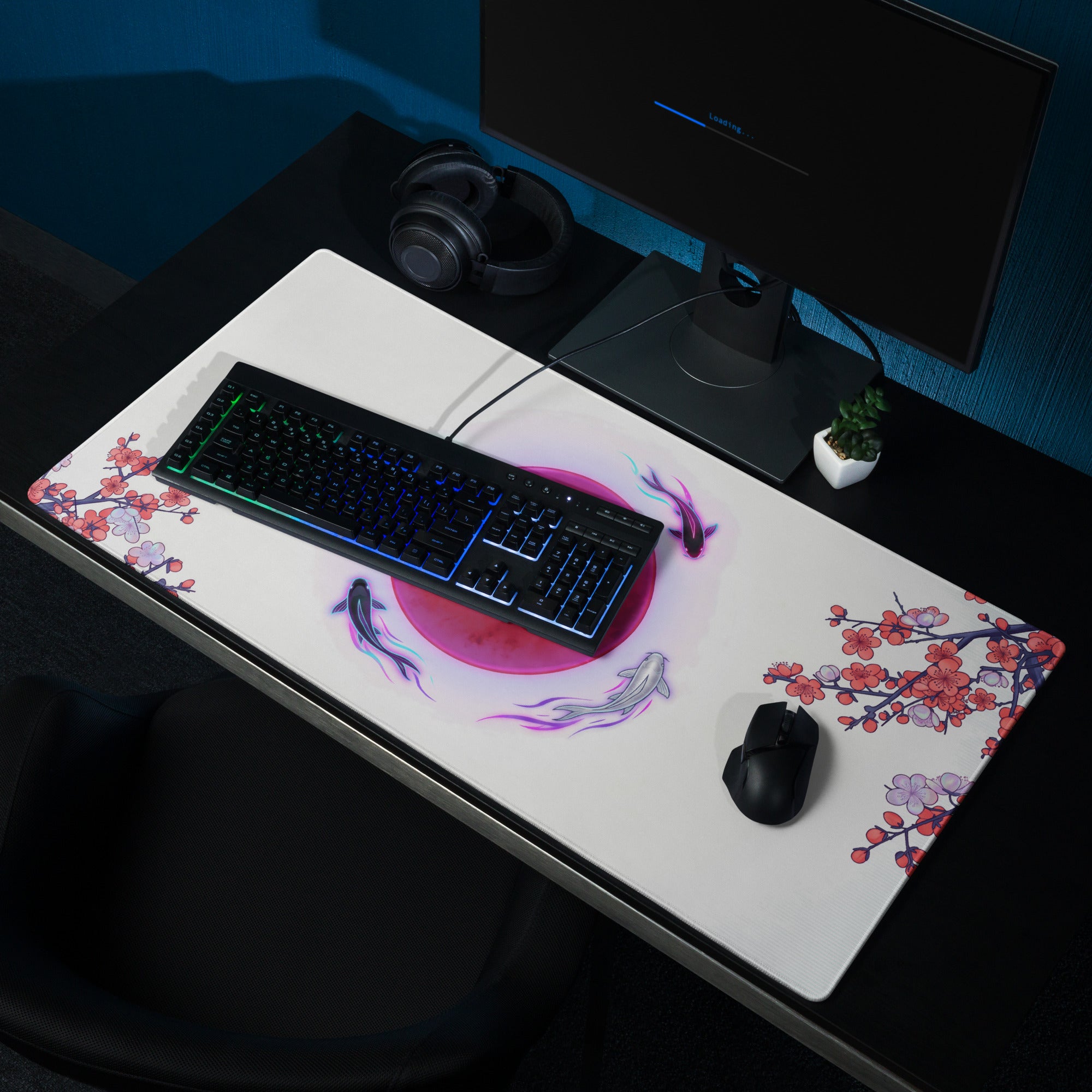 White gaming mousepad with pink circular design and cherry blossom koi fish in purple black and white vaporwave neon style