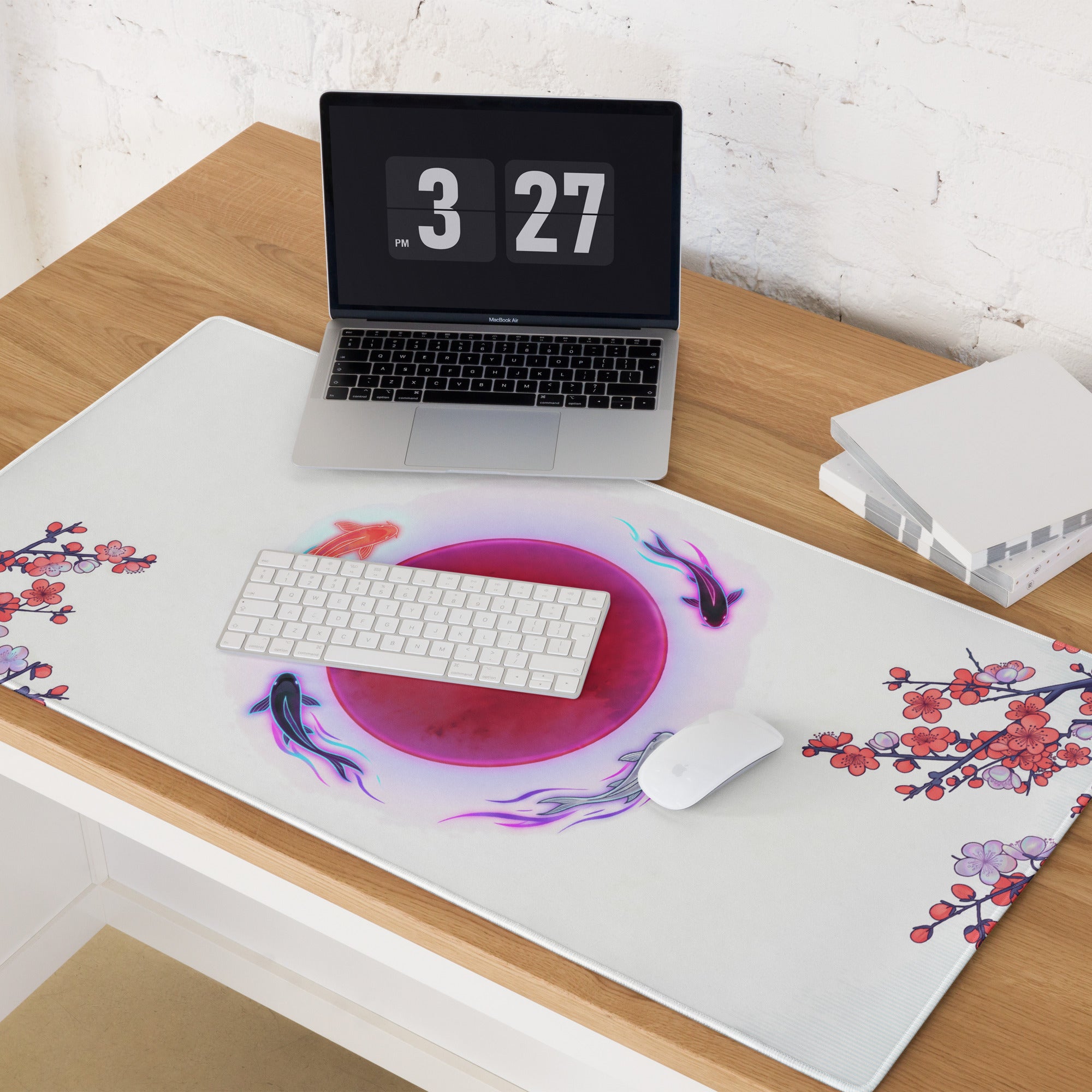 White desk mat mouse pad with pink circular koi fish and red purple cherry blossom design for vaporwave gaming setup