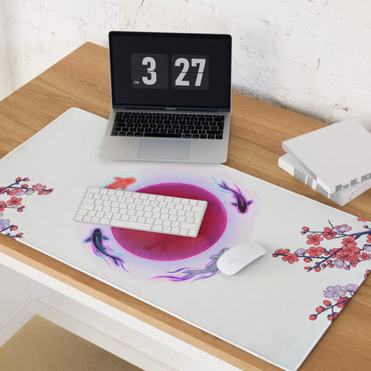 White desk mat mouse pad with pink circular koi fish and red purple cherry blossom design for vaporwave gaming setup