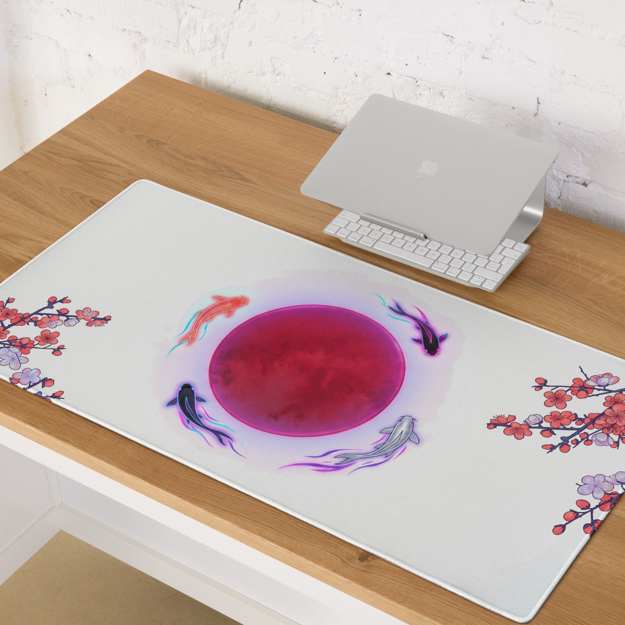 White vaporwave neon koi gaming mousepad with vibrant pink circle koi fish and cherry blossom design edges