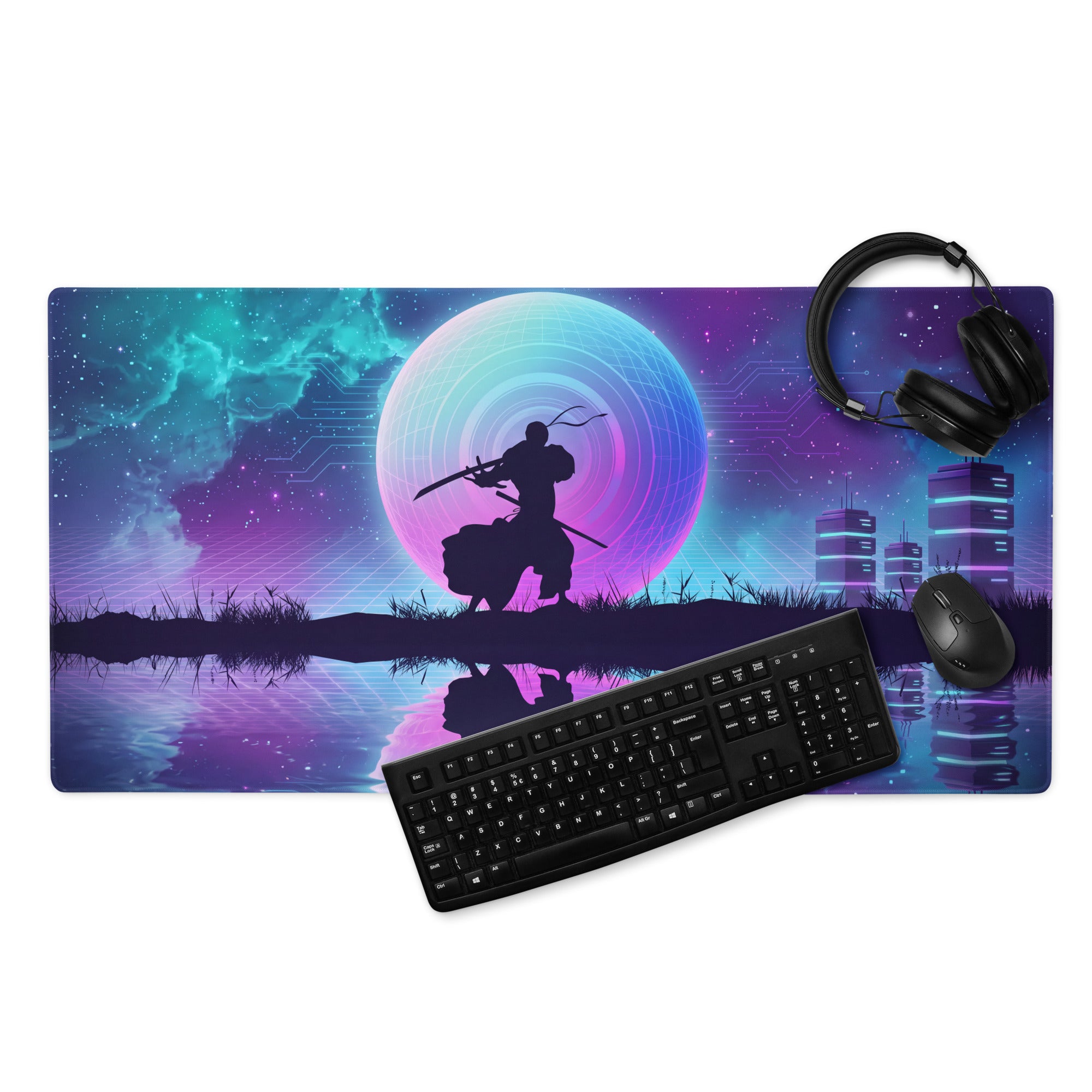 Vaporwave neon gaming mouse pad with vibrant purple teal cosmic theme featuring samurai silhouette moon and circuit cityscape