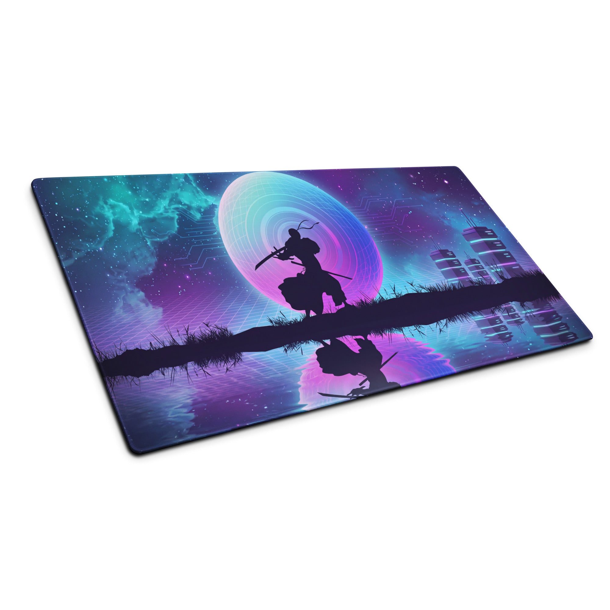 Vaporwave neon gaming mouse pad with vibrant purple and teal cosmic samurai scene for desktop use