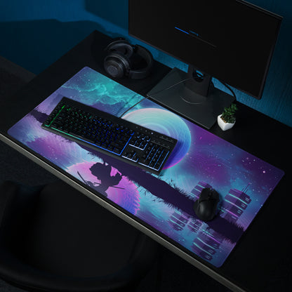 Vaporwave neon gaming mouse pad with purple teal nebula samurai silhouettes futuristic buildings and glowing celestial bodies