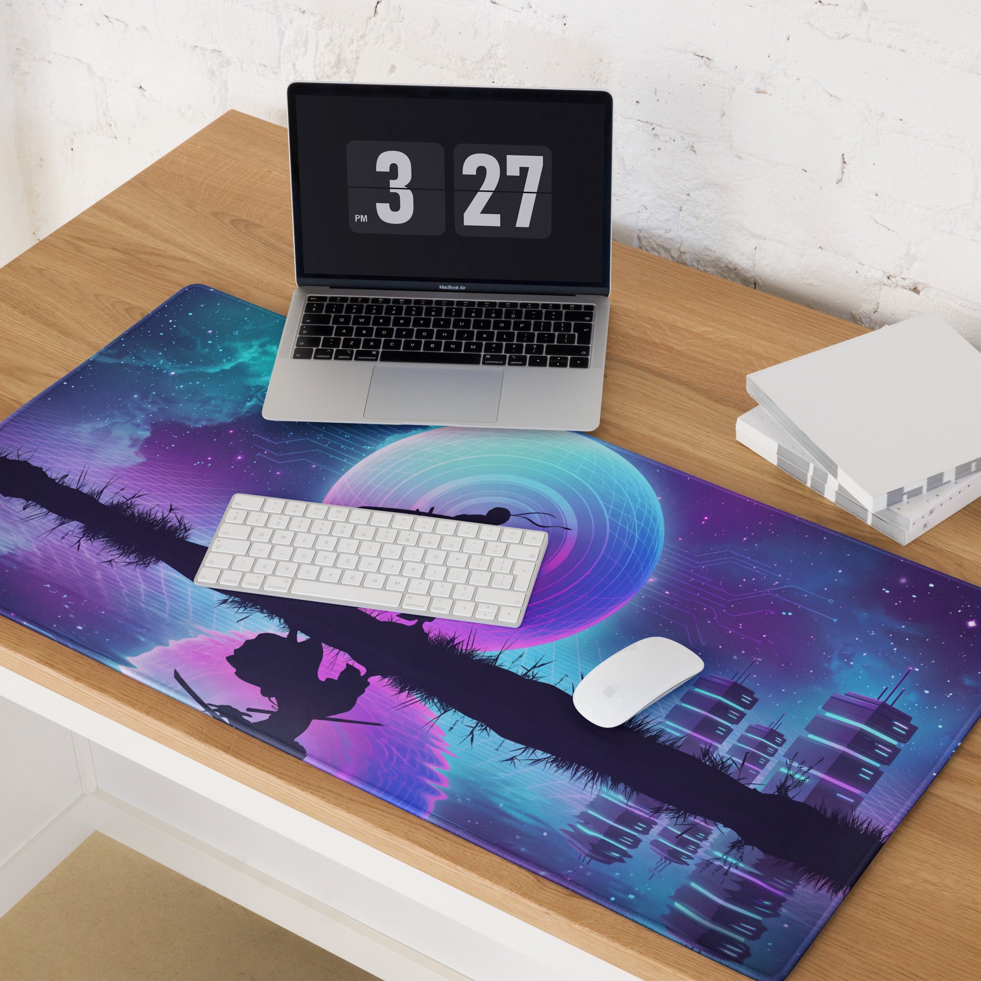 Vaporwave neon gaming mouse pad with vibrant cosmic samurai silhouette in purple blue and teal for gaming desks