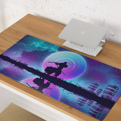 Vaporwave neon gaming mouse pad with cosmic samurai scene in blue purple and pink for cyberpunk gaming desks