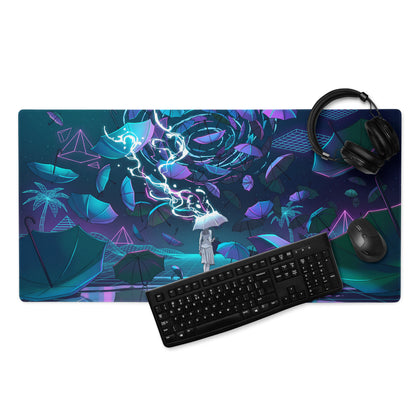 Vaporwave neon umbrella desktop pad with a vibrant neon cyberpunk scene of floating umbrellas palm trees and glowing lightning in blue pink