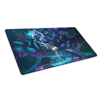 Neon-blue and purple vaporwave gaming mousepad with futuristic umbrella scene palm trees and glowing energy effects