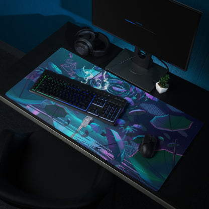 Navy blue and teal anime-themed gaming mousepad with glowing neon accents vaporwave retro futurism design
