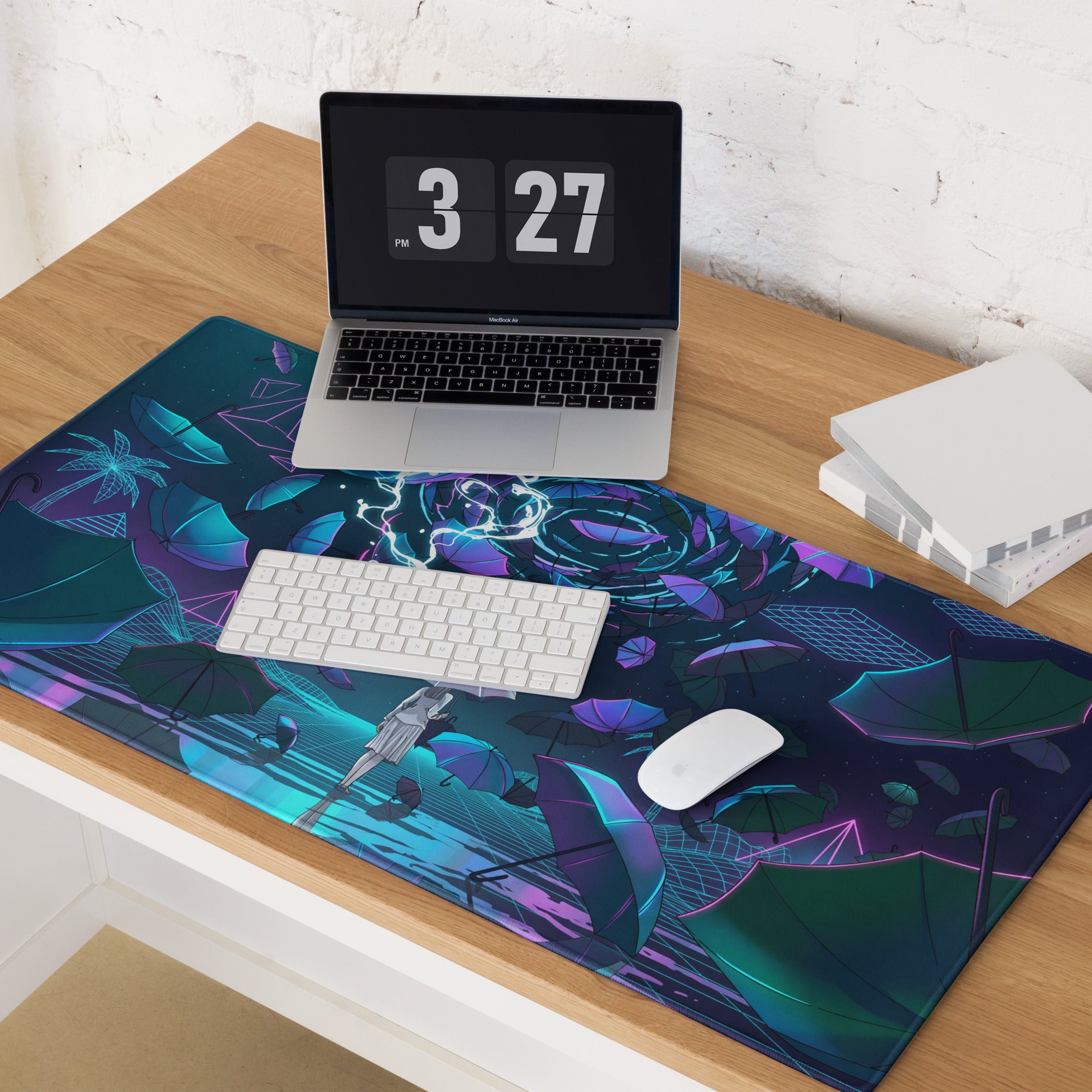 Vaporwave neon umbrella desktop pad featuring a teal purple blue futuristic glowing umbrellas palm trees design