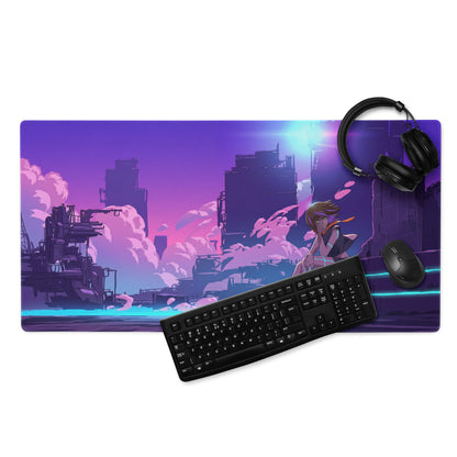 Purple and pink cyberpunk gaming mouse pad featuring anime character and futuristic cityscape for vaporwave desk setup