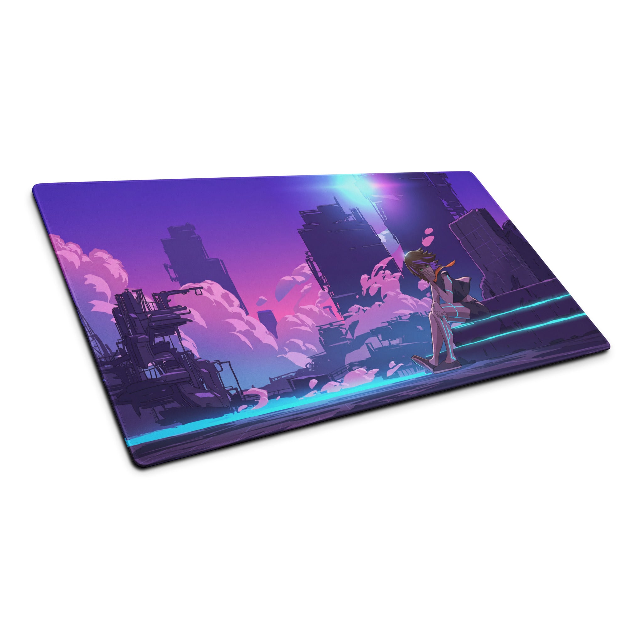 Vaporwave neon city mouse pad featuring a purple and pink neon-lit anime cityscape with a lone character in ruins