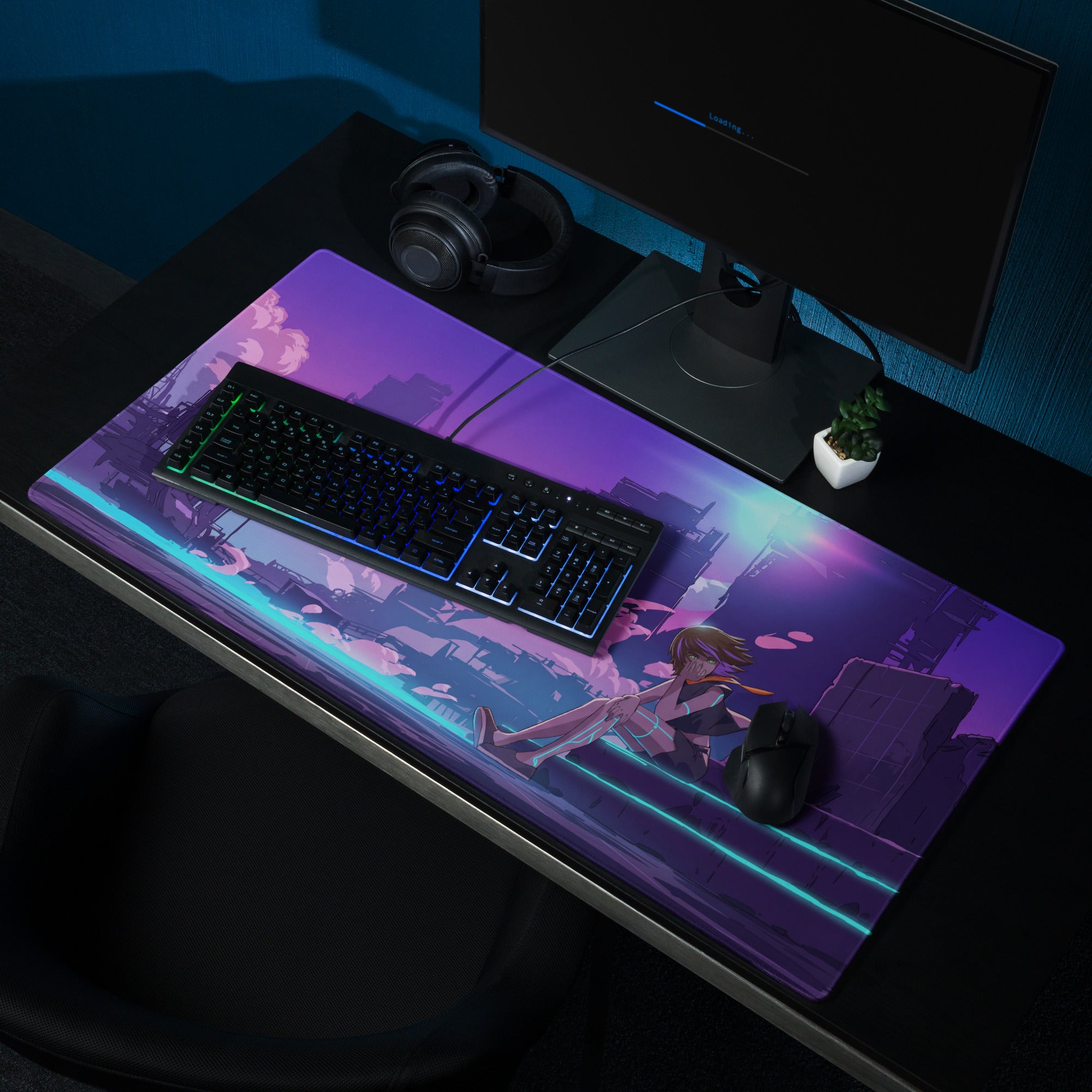 Purple and teal neon-lit vaporwave anime gaming mouse pad featuring a futuristic cityscape and lounging character