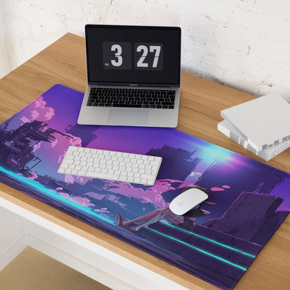 Purple and blue neon-lit vaporwave cityscape anime gaming mousepad for cyberpunk desk accessory and vaporwave mood