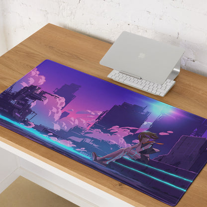 Vaporwave neon city mouse pad featuring a purple and pink neon-lit cyberpunk cityscape with an anime girl lounging
