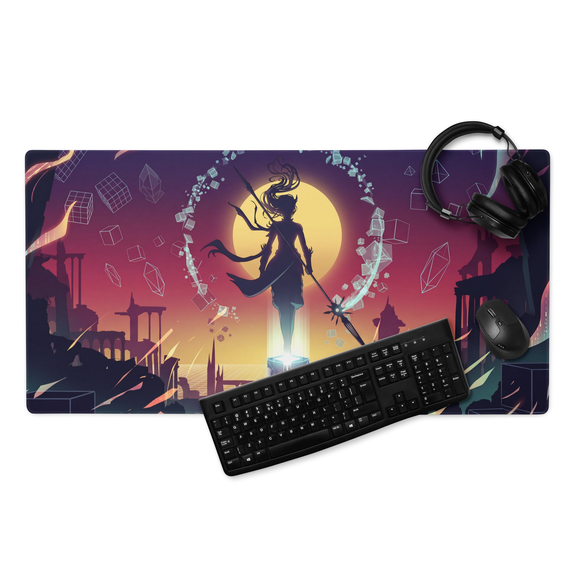 Vibrant purple and orange gradient vaporwave sunset neon mouse pad with anime warrior silhouette and glowing sun design