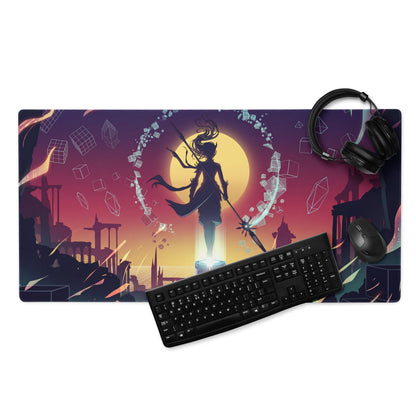Vibrant purple and orange gradient vaporwave sunset neon mouse pad with anime warrior silhouette and glowing sun design