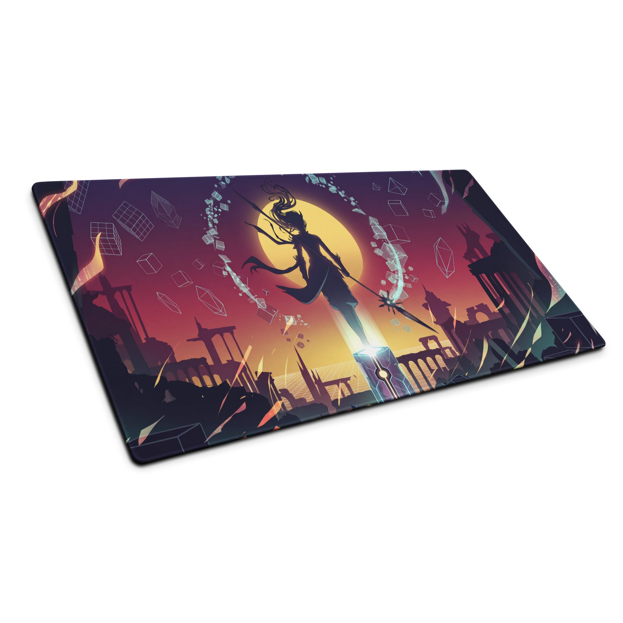 Rectangular vaporwave sunset neon mouse pad with vibrant fantasy art of silhouette wielding glowing sword under orange sun