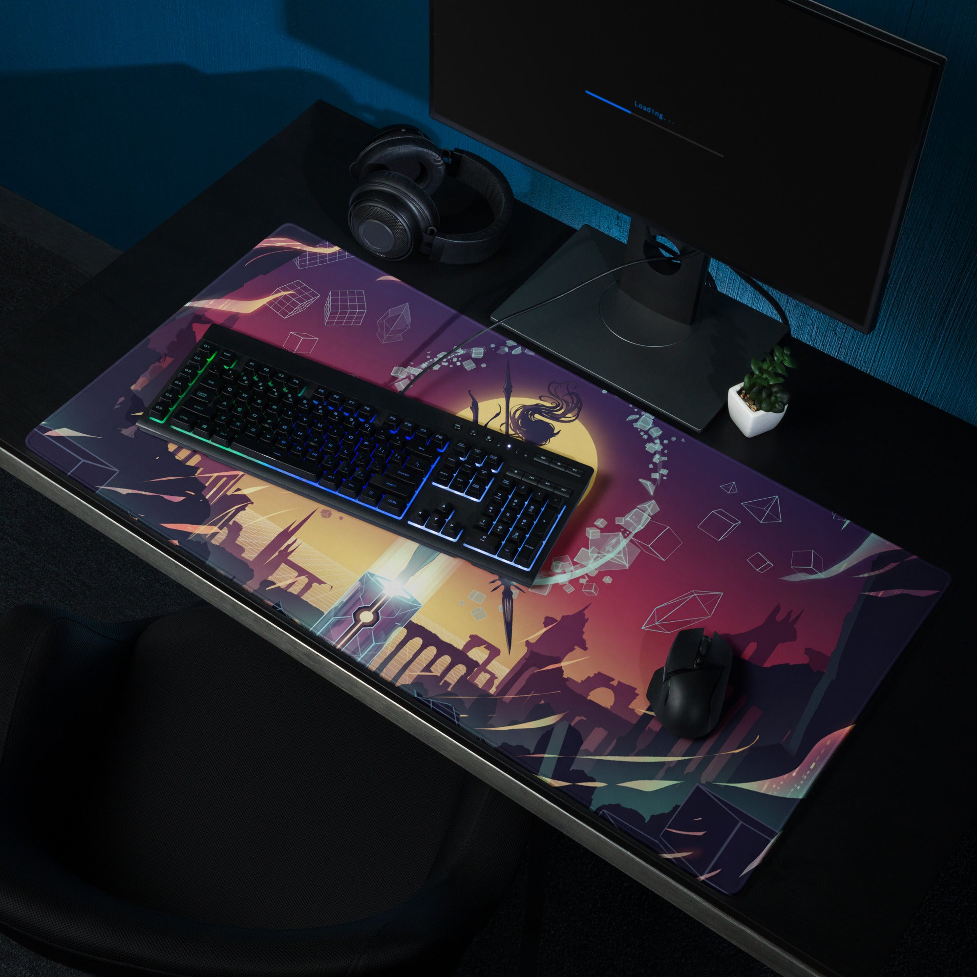 Vaporwave sunset neon mouse pad with anime-style illustration in orange purple and dark building silhouettes for gaming use