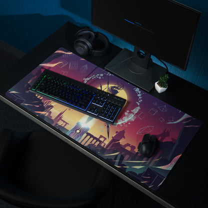 Vaporwave sunset neon mouse pad with anime-style illustration in orange purple and dark building silhouettes for gaming use