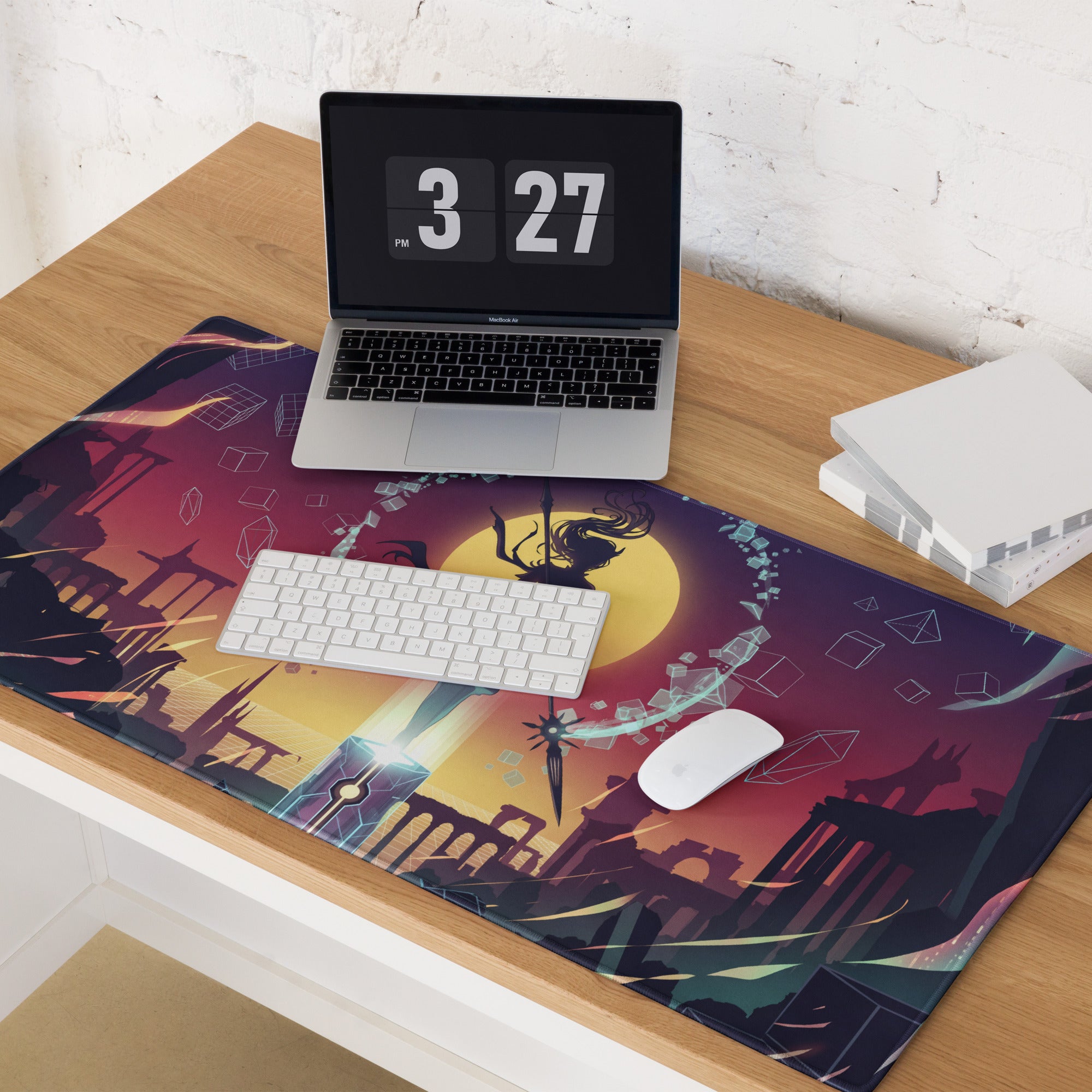 Vaporwave sunset neon mouse pad with purple orange gradient sky glowing geometric shapes and cityscape silhouette