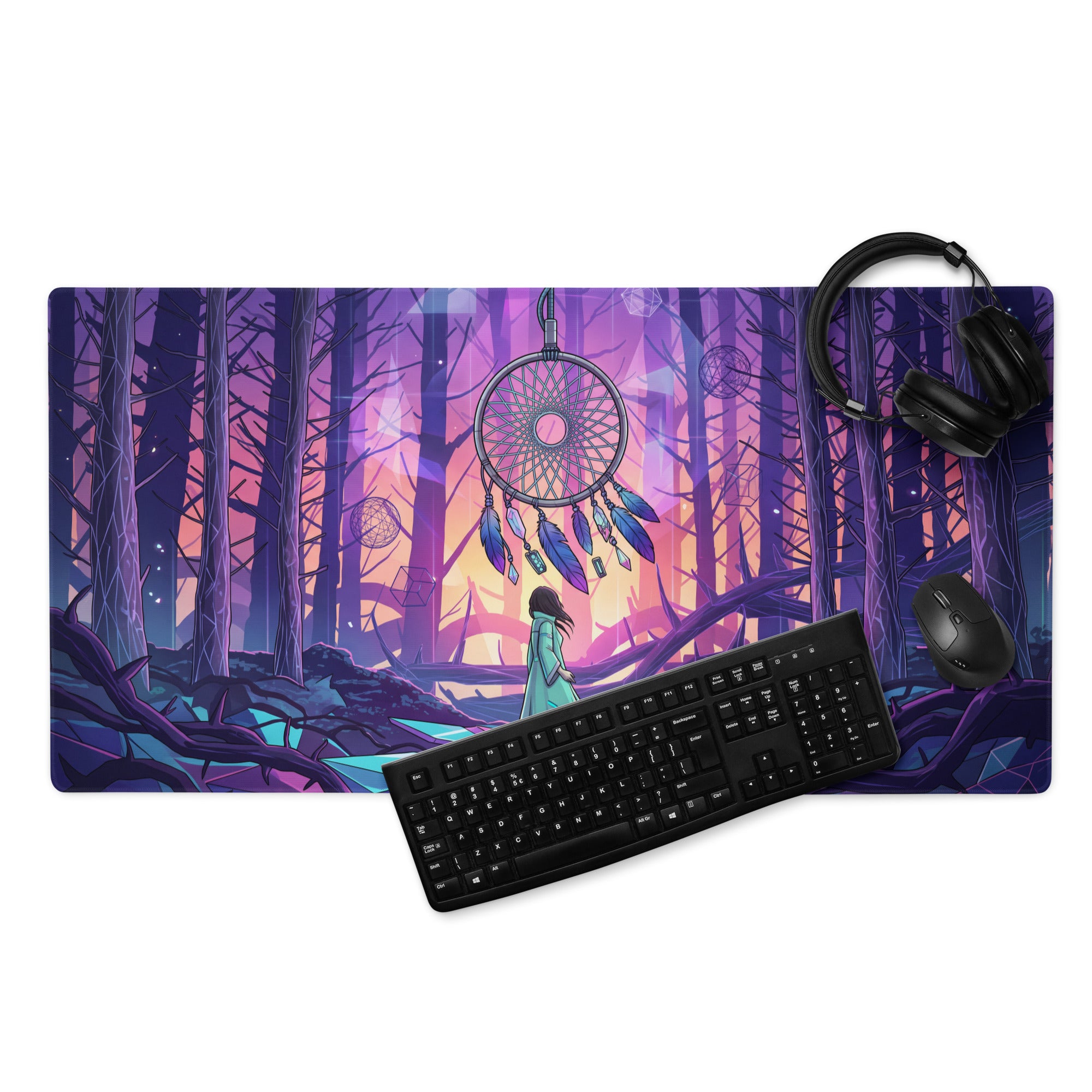 Purple and pink vaporwave mouse pad with dreamcatcher design in a neon forest aesthetic for gaming setup